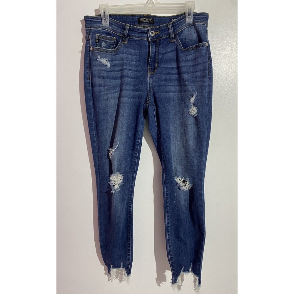 Judy Blue Jeans 11/30 Blue Cropped Slim Skinny Stretch Distressed Denim Mid Rise